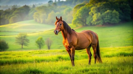 Brown horse standing in a lush green field , horse, field, grass, animal, landscape, nature, outdoor, farm, mammal