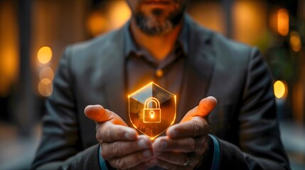businessman in a suit holding a glowing shield icon with a padlock in the center, symbolizing cybersecurity or data protection