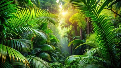In a close-up of a lush tropical forest, bright green foliage reveals the jungleâ€™s stunning natural beauty, highlighting the intricate details of its vibrant ecosystems.