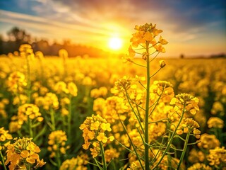 In a sunlit meadow, radiant mustard flowers flourish, framed by rich, natural backgrounds, showcasing the exquisite beauty and intricate details of nature.