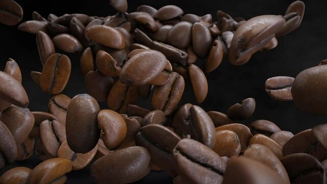 Coffee Beans Fall. Slow motion on the floor. 3d closeup animation of roasted offee beans slowly falling. 4K. Cinematic.
