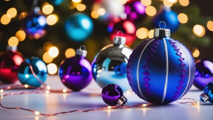 Fototapeta premium Christmas ornaments, colorful glass baubles, purple velvet fabric, bokeh lights, festive decorations, macro photography, shallow depth of field, vibrant colors, holiday mood, shiny spheres, reflective