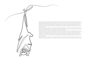 one continuous line drawing of a bat.one line drawing of a bat hanging on a tree branch.single line vector illustration.isolated white background