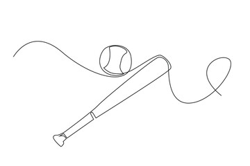 continuous line ball and baseball bat.ball and baseball bat icon drawn in one vector line.single line baseball game equipment.isolated white background