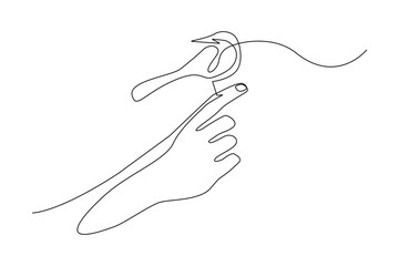 continuous line of hands of people and birds. one line drawing of a bird perched on hand.tame bird,pet bird.single line vector illustration.isolated white background
