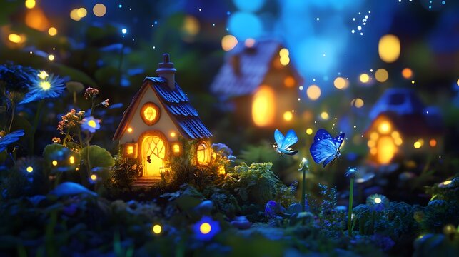 A fantastical fairy garden with miniature houses glowing softly and tiny creatures flitting about