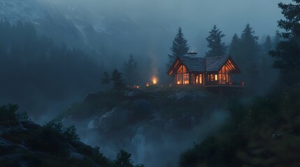 A serene mountaintop retreat where glowing lights and soft mist create a peaceful haven for exploration