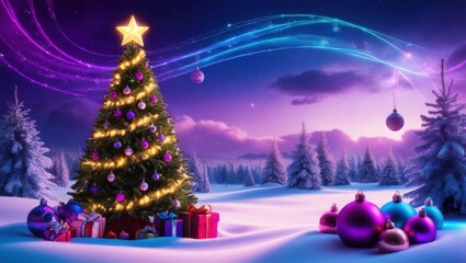 Obraz premium Magical winter scene, two illuminated Christmas trees, snowy forest, starry night sky, purple and blue hues, glowing star topper, Christmas lights, ethereal atmosphere, fantasy landscape, digital art,