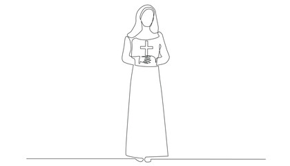 continuous line drawing of a nun.single line vector of a holy woman, woman serving God.one line drawing of a nun standing holding a cross. isolated on white background