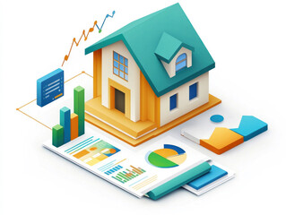 A house with a blue roof and a white trim. The house is surrounded by a lot of graphs and charts
