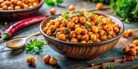 Indulge in organic spicy chickpeas beautifully arranged in a bowl against a white backdrop, making a delightful healthy snack great for food photography.