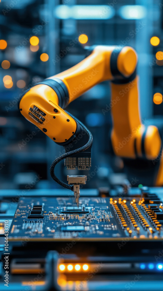 Poster a robot is working on a computer chip. the robot is yellow and has a long arm. the robot is in a fac