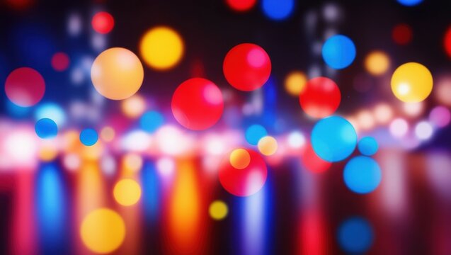 colorful bokeh lights, nighttime cityscape, blurred reflections, vibrant red and blue orbs, glowing circles, urban night scene, defocused city lights, water reflection, dreamy atmosphere, luminous sph