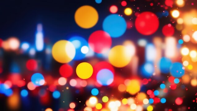 colorful bokeh lights, nighttime cityscape, blurred reflections, vibrant red and blue orbs, glowing circles, urban night scene, defocused city lights, water reflection, dreamy atmosphere, luminous sph