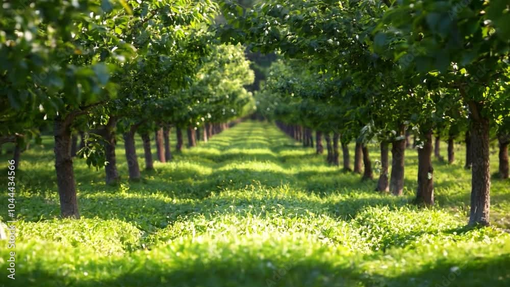 Poster this vibrant orchard filled with rows of healthy trees reaching towards the sun.