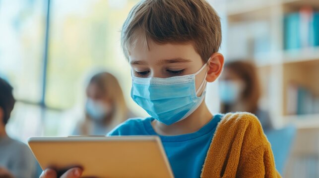 A young boy wearing a blue mask engages with a tablet, surrounded by other masked individuals in a bright, educational setting. - Powered by Adobe