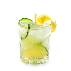 A refreshing gin fizz with lemon twist and cucumber slice, displayed on an isolated white...