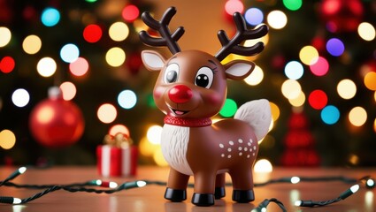 Fototapeta premium Cute reindeer plush toy, smiling, colorful bokeh lights background, Christmas theme, close-up portrait, soft focus, warm tones, festive atmosphere, holiday cheer, adorable character, fuzzy texture, bi