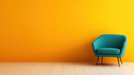 bold turquoise couch sits against vibrant yellow wall, creating striking contrast in modern interior space. simplicity of design adds cheerful touch to room