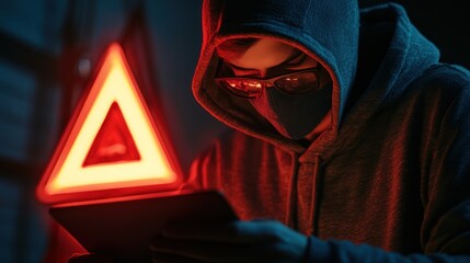 A hooded figure using a tablet under a red warning light, suggesting secrecy or illicit activity.