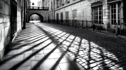 Black and white photo of an old, empty street in a dark, urban city The architecture is old, with brick walls and a narrow alley