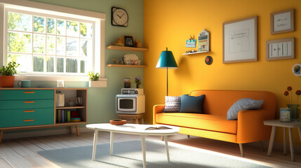 colorful living space featuring turquoise sofa, orange walls, and natural light. cozy atmosphere invites relaxation and creativity