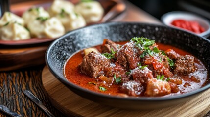 Goulash and Dumplings on a Wooden Table