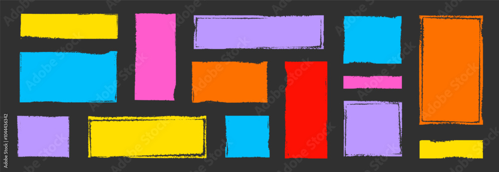 Aufkleber Text box frame brush rough crayon shape set. Text box frame rough grunge square paint shape element. Hand drawn crayon grunge brush rectangle border. Vector illustration