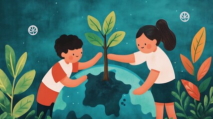 Children and Parents Planting a Tree Together