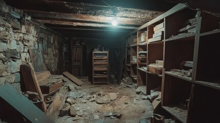 A Dusty and Abandoned Basement with Broken Shelves and Rubble