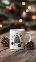 A warm mug design showcasing a tree illustration, pine cones, and holiday ornaments arranged on wood