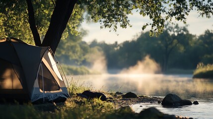 A tranquil campsite by a serene river, surrounded by lush trees and morning mist, perfect for nature lovers and outdoor enthusiasts.