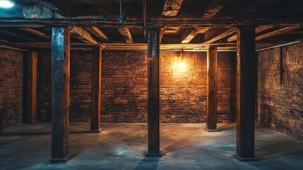 Brick Wall Basement with Wooden Beams and a Single Lightbulb