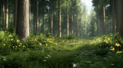serene forest scene featuring tall trees, vibrant green grass, and colorful wildflowers. sunlight filters through foliage, creating peaceful and tranquil atmosphere