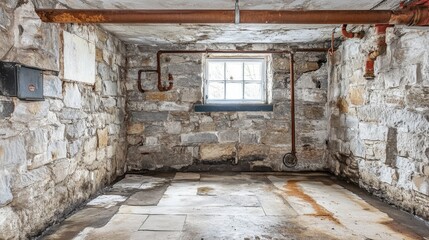 Obraz premium Stone Basement with Rusted Pipes and Window
