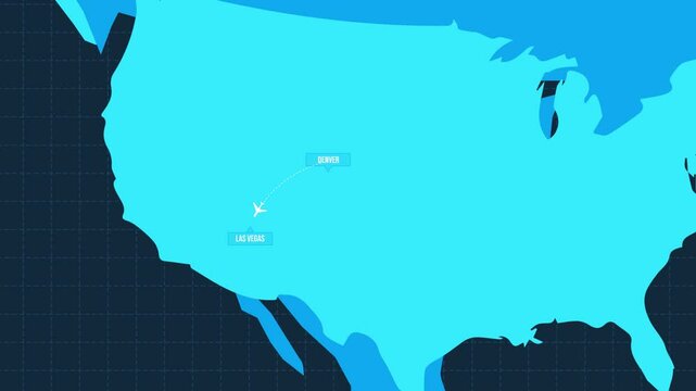 Denver to Las Vegas domestic flight route with plane on the map, 4k animation traveling backdrop