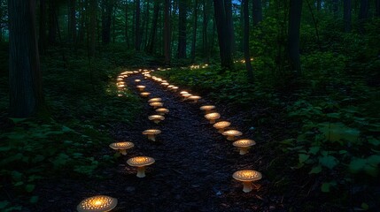 A serene forest clearing where bioluminescent mushrooms illuminate the path leading deeper into the woods