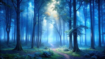 Obraz premium Serene mystical forest scene shrouded in blue mist
