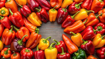 Ripe red and orange peppers on white background, symmetrical