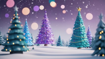 Obraz premium Winter wonderland, stylized Christmas trees, pastel colors, glowing lights, bokeh effect, magical forest, fantasy landscape, soft focus, dreamy atmosphere, teal and purple hues, snowy scene, whimsical