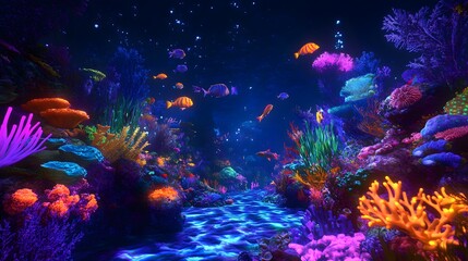 A vibrant underwater paradise with glowing corals and playful sea creatures dancing through the crystal-clear waters