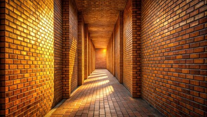Serene passageway with warm light casting shadows on brick wall