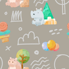 Repeat pattern, animal graphics, hippos and rhinos on a grass field, trees and sky.