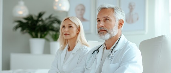 Obraz premium Mature couple in white coats sitting together in a modern, serene healthcare setting, conveying a sense of professionalism, calmness, and support.