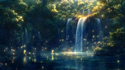 A magical waterfall cascading into a crystal-clear lake surrounded by glowing trees and serene creatures