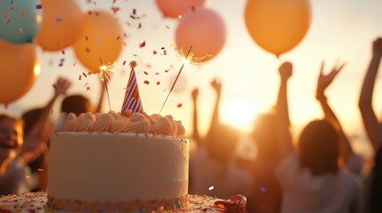 A joyful birthday celebration with a colorful cake, vibrant balloons, and cheerful people enjoying a sunset party filled with laughter and excitement.