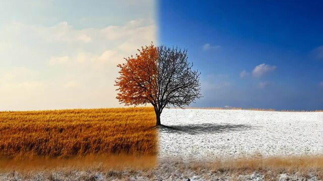 A tree stands in a field, half in autumn and half in winter