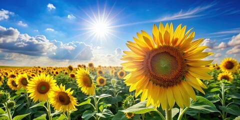 Obraz premium Bright and cheerful image of a sunflower field under the sun , Sun, Flower, Field, Yellow, Bright, Cheerful, Summer, Nature, Beauty