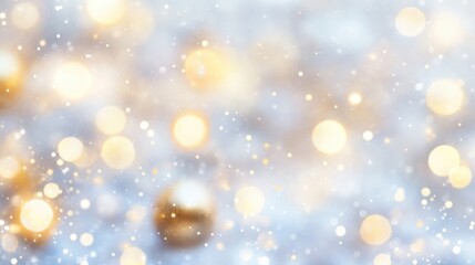 A bokeh abstract background with soft, glowing orbs of light in gold and white, creating a festive and magical atmosphere for holiday designs.