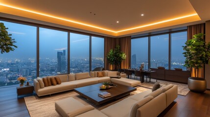 Modern Living Room with Cityscape View at Dusk